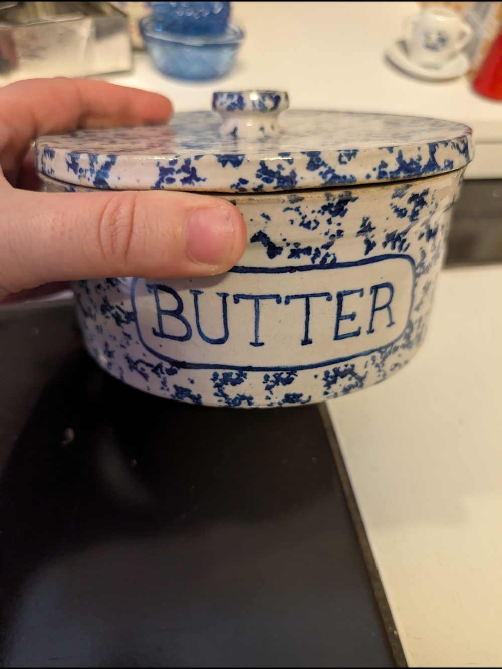 Blue Speckled Ceramic Butter Crock with Lid CROCK vintage